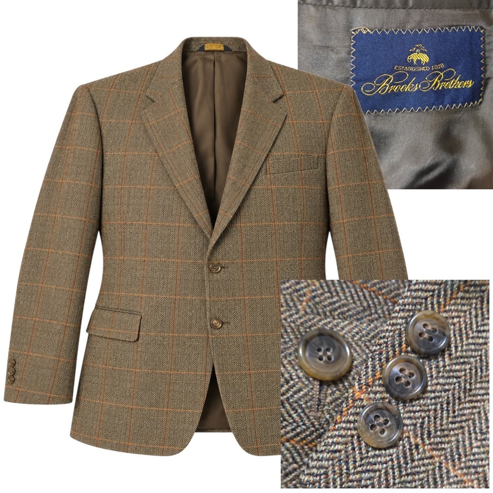 Brooks Brothers Sport Coat Men 46R Brown Herringbone Wool Windowpane Blazer
